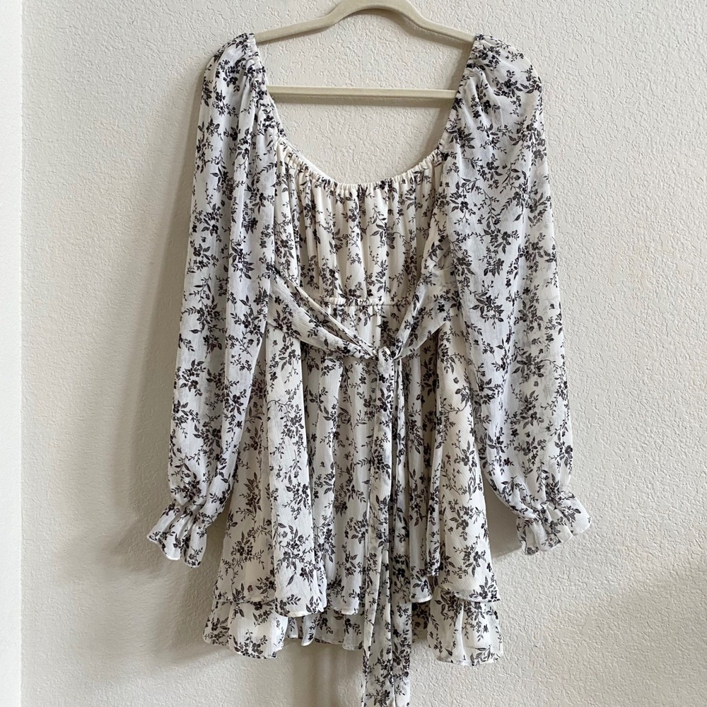 Thirty Thirty‎ LA Babydoll Mini Dress Floral White Black Prairie Ruffle Size L - Picture 6 of 12